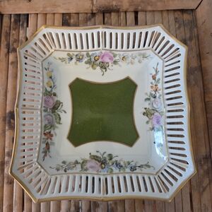 Elegant Floral Square Porcelain Dish with Gold Trim